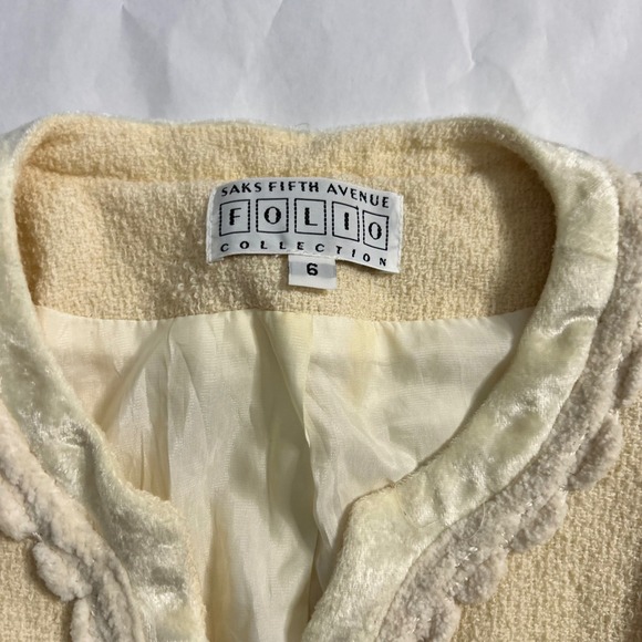 Saks Fifth Avenue Folio Collection‎ VTG Womens Cream Tweed Cropped Wool Blazer 6 - Picture 7 of 8